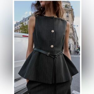 ZARA HERRINGBONE PEPLUM VEST WITH BELT